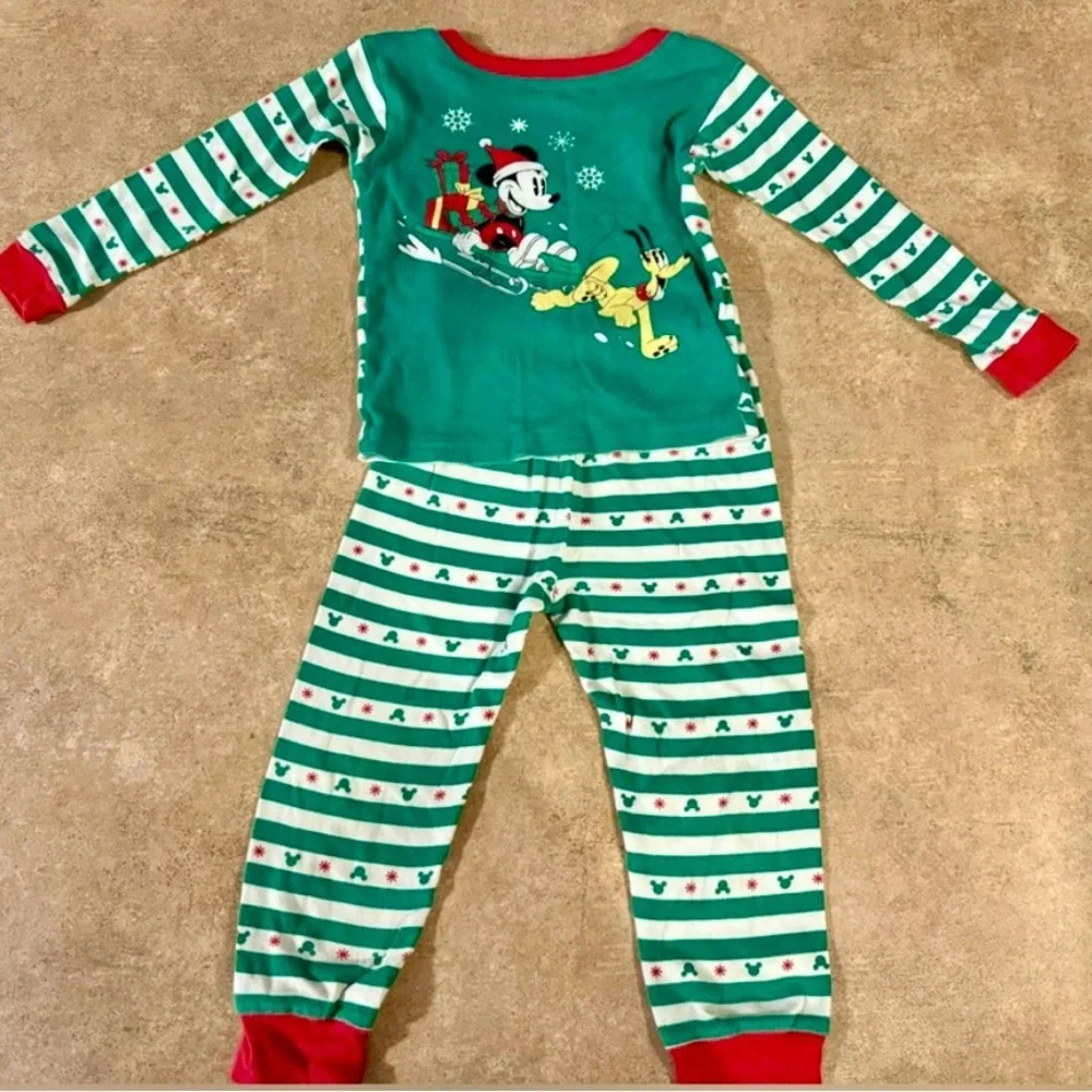 Disney Kids Mickey Christmas Green and Red  Striped Pajamas, Size 4T